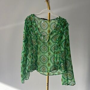 Zara Green Geometric Sheer Tie-Neck Blouse